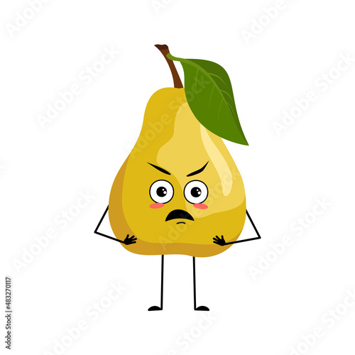 Pear character with angry emotions, grumpy face, furious eyes, arms and legs. Person with irritated expression, fruit emoticon. Vector flat illustration