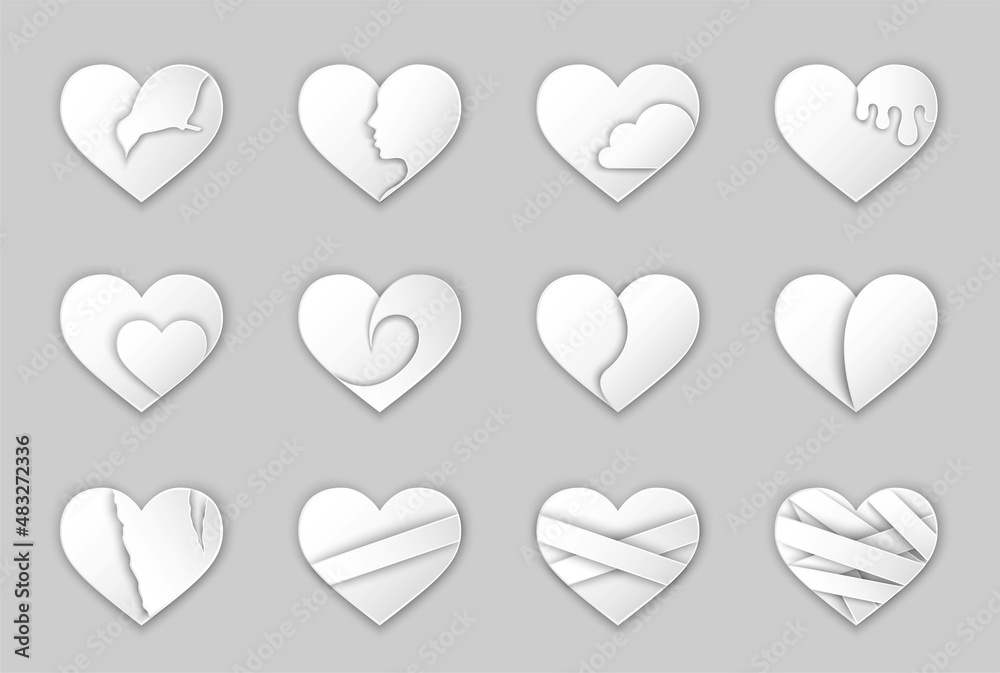 paper cut hearts collection. valentines and love symbols. craft paper style. vector elements for valentine's day design