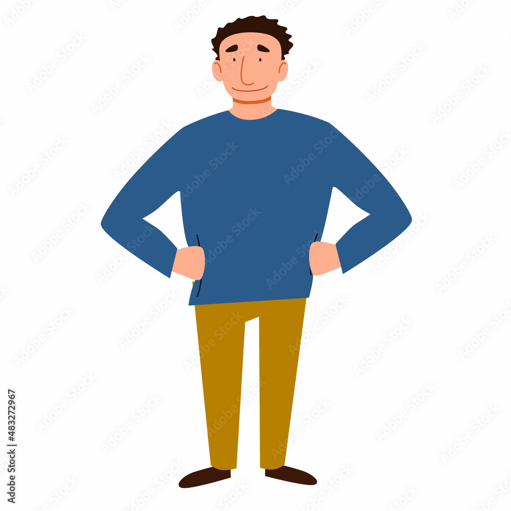 a dark-haired man with his hands on his waist. Vector illustration in a flat cartoon style.