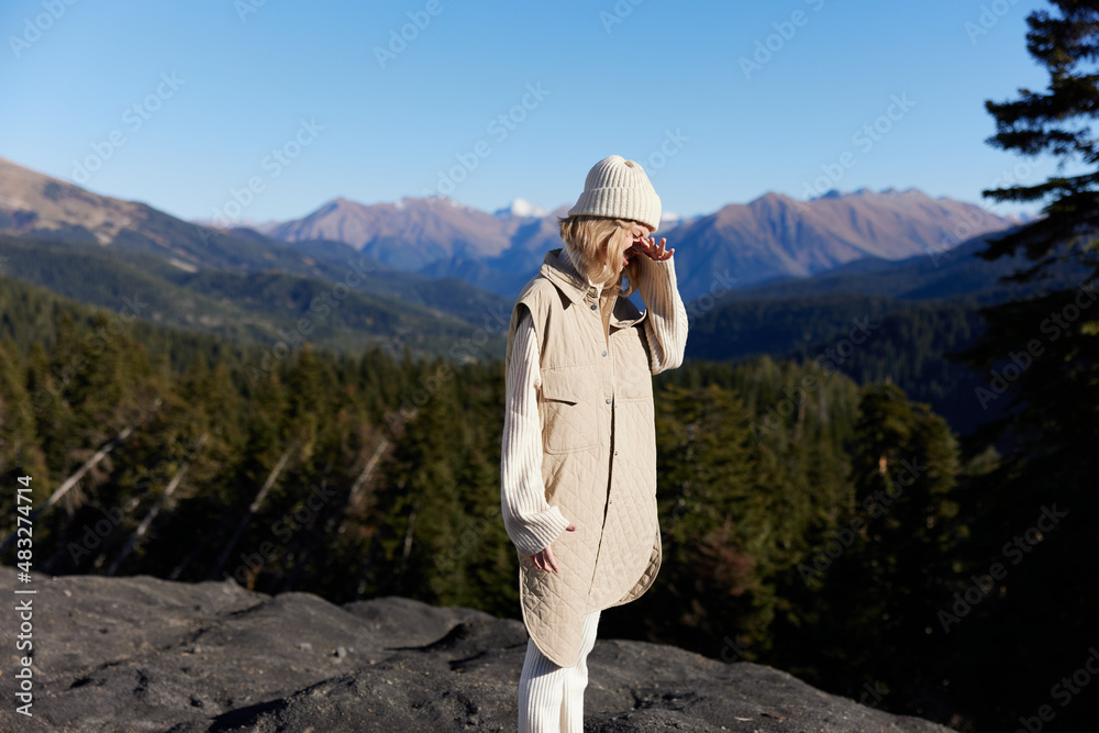 tourist standing on the top of the mountain landscape mountain forest relaxation
