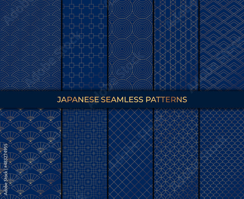 Set of 10 patterns in japanese style. Vector collection of asian backgrounds. Japanese seamless pattern collection. Decorative wallpaper.