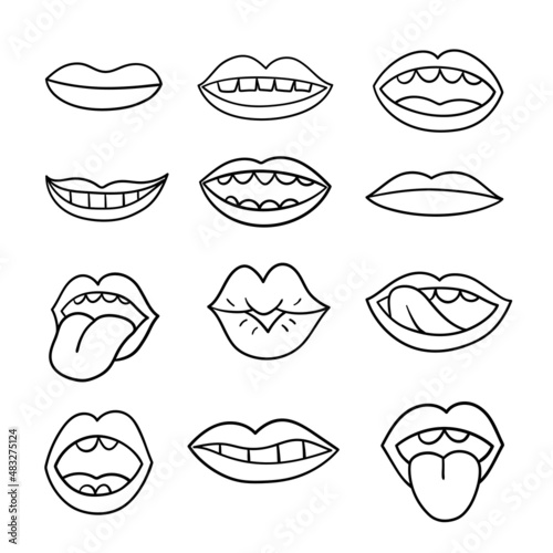 Hand drawn female mouths and lips. Doodle sketch. Isolated linear vector illustration.