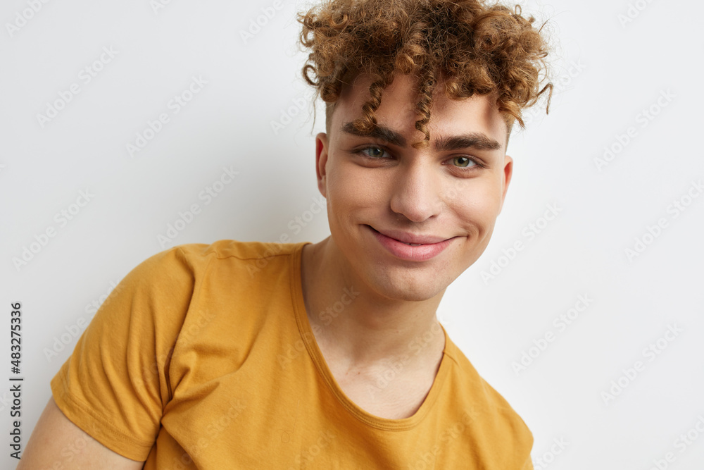 kinky guy in yellow t-shirts gesture hands emotions Lifestyle unaltered kinky guy in yellow t-shirts gesture hands emotions Lifestyle unaltered