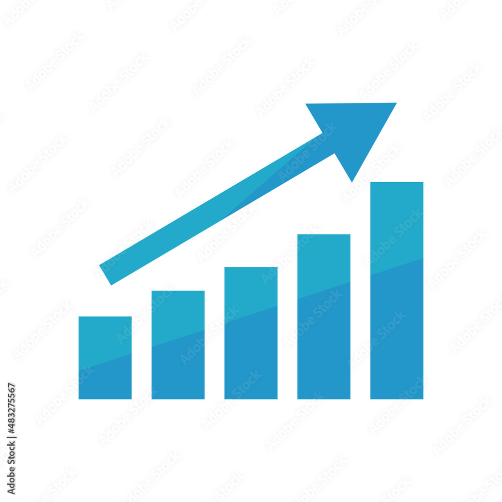 Blue bar graph and rising arrow. Rising business performance and stock prices. Vectors. Blue bar graph and rising arrow. Rising business performance and stock prices. Vectors.