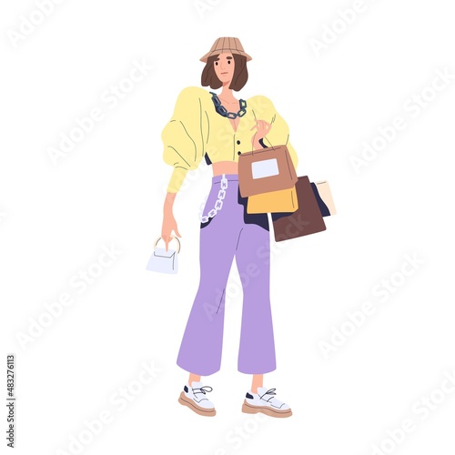 Woman consumer carrying many shopping bags. Buyer shopaholic portrait. Fashionable customer. Fast fashion concept. Flat vector illustration of female shopper, spender isolated on white background
