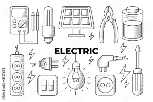 Electric tools equipment with hand drawn lineal doodle design