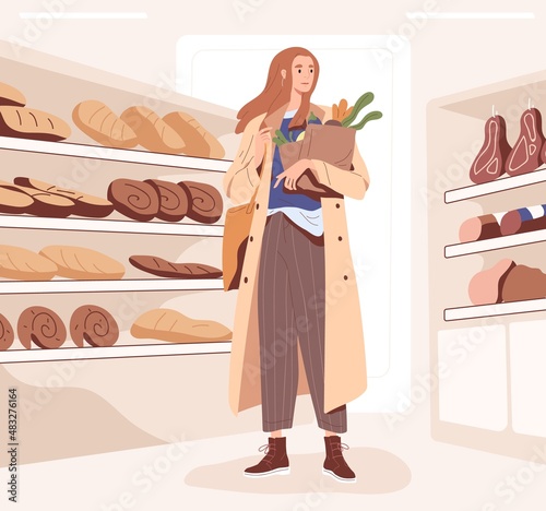Woman in grocery shop, standing with craft bag full of food. Modern female buyer in department store near shelves. Daily purchases, everyday routine. Colored flat vector illustration