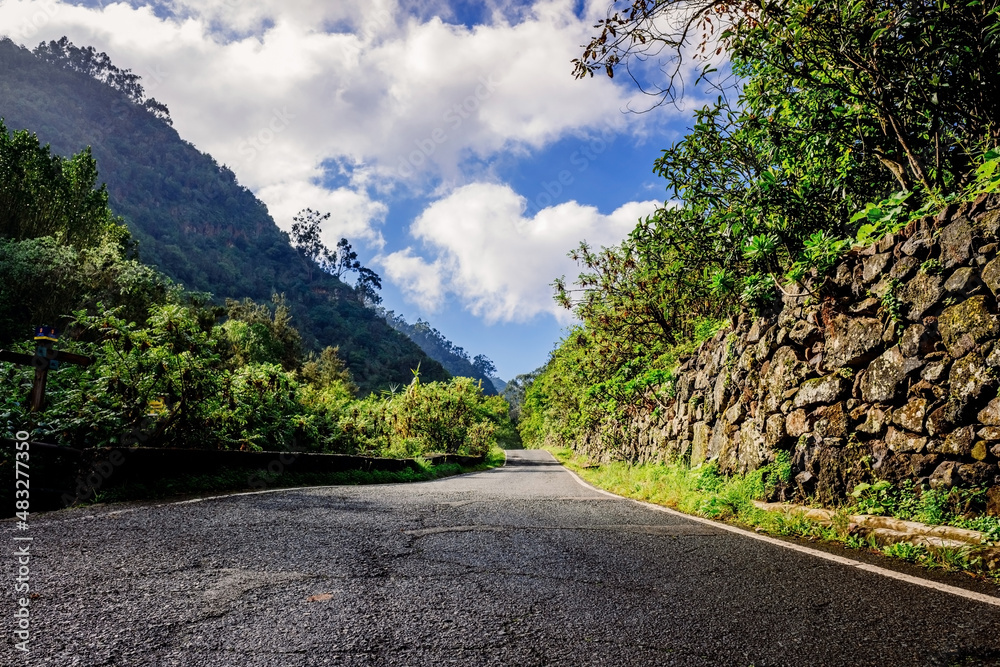 Sunny day on a road between mountains of the Canary Islands, in the Tilos de Moya reserve.