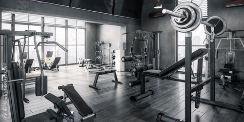 Body Building Center With Exercise Machines Integrated Inside a Penthouse Recreation Area - panoramic black and white 3D Visualization