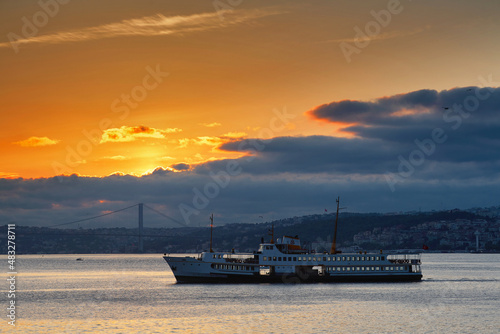 Early morning, sunrise over the sea. Sea boat sails through the Bosphorus. Istanbul, Turkey. Journey © Dmitriy
