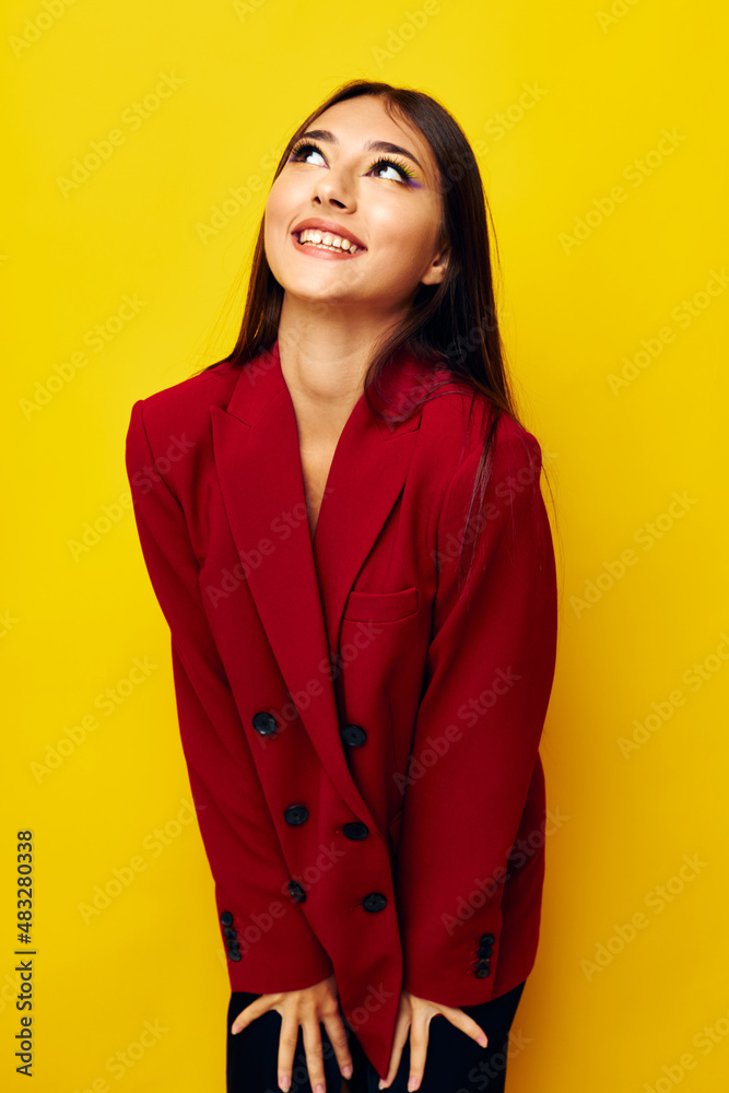 Fototapeta premium attractive girl fashion jacket posing yellow background unaltered
