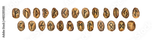 Fotografi Watercolor illustration. Scandinavian runes, a design element.