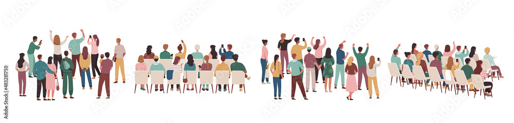 Rear view of academic auditorium, fan audience, people crowd. Set of viewers of performance. Standing and sitting spectator backs. Cartoon flat vector collection isolated on white background