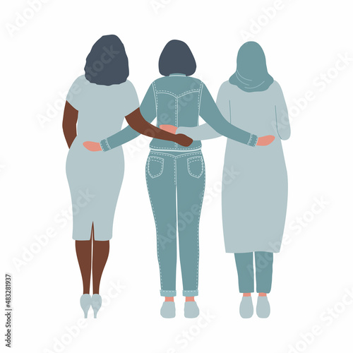 Young women are standing and hugging. Back view. International Women's Day concept. Women's community. Female solidarity. Vector illustration