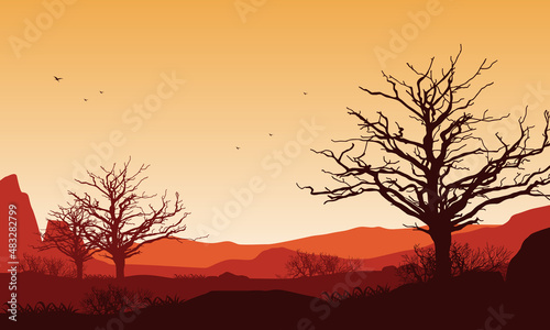 Realistic mountain view of the village with a silhouette of pine trees all around