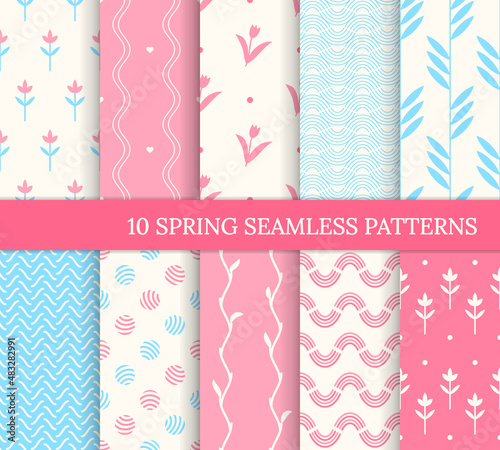Ten spring seamless patterns. Pink and blue pretty backgrounds. Endless texture for wallpaper, web page, wrapping paper. Retro love style. Waves, flowers, twigs and leaves