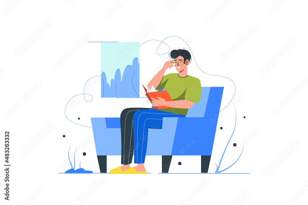 People reading book modern flat concept. Young man sitting in chair and reads novel. Student studying textbook and preparing for exams. Vector illustration with human scene for web banner design People reading book modern flat concept. Young man sitting in chair and reads novel. Student studying textbook and preparing for exams. Vector illustration with human scene for web banner design