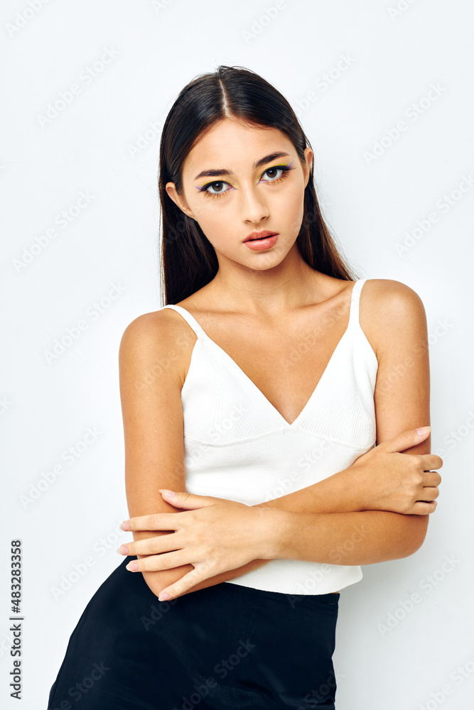 young woman white t shirt hand gestures charm Lifestyle unaltered young woman white t shirt hand gestures charm Lifestyle unaltered