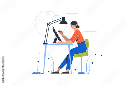 Design studio modern flat concept. Woman illustrator draws on tablet, comes up with creative ideas. Painter creates artwork in agency. Vector illustration with people scene for web banner design