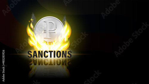 Coin ruble on fire, 3D inscription, sanctions and reflections on a black background