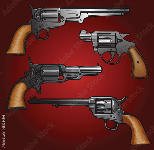 Vector image of a set of old revolver pistols in cartoon style