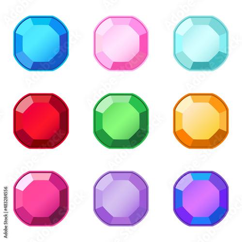 Colored gems icons. Set Of Colorful Gems Vector Gui Elements For Mobile Games. Jewel gemstones. Jewelry crystal gems. 
