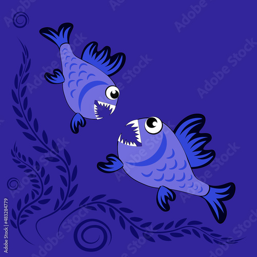 predatory evil piranha fish. Fabulous underwater world. Styling, cartoon style