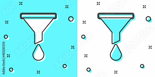 Black line Funnel or filter icon isolated on green and white background. Random dynamic shapes. Vector