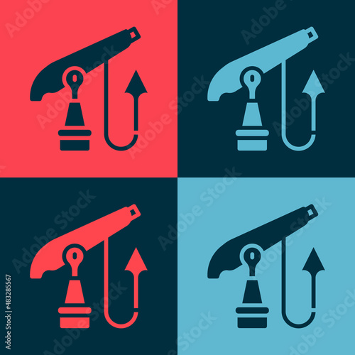 Pop art Fishing harpoon icon isolated on color background. Fishery manufacturers for catching fish under water. Diving underwater equipment. Vector