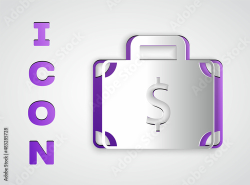 Paper cut Briefcase and money icon isolated on grey background. Business case sign. Business portfolio. Paper art style. Vector