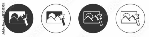Black Photo retouching icon isolated on white background. Photographer, photography, retouch icon. Circle button. Vector