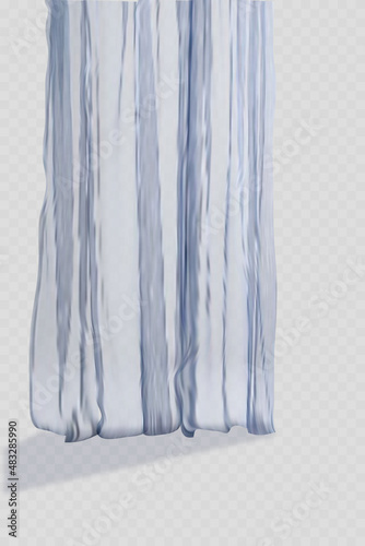 White lightweight fabric curtain fluttering realistic vector illustration mock up. Shower or window fabric on a curtain rod template.