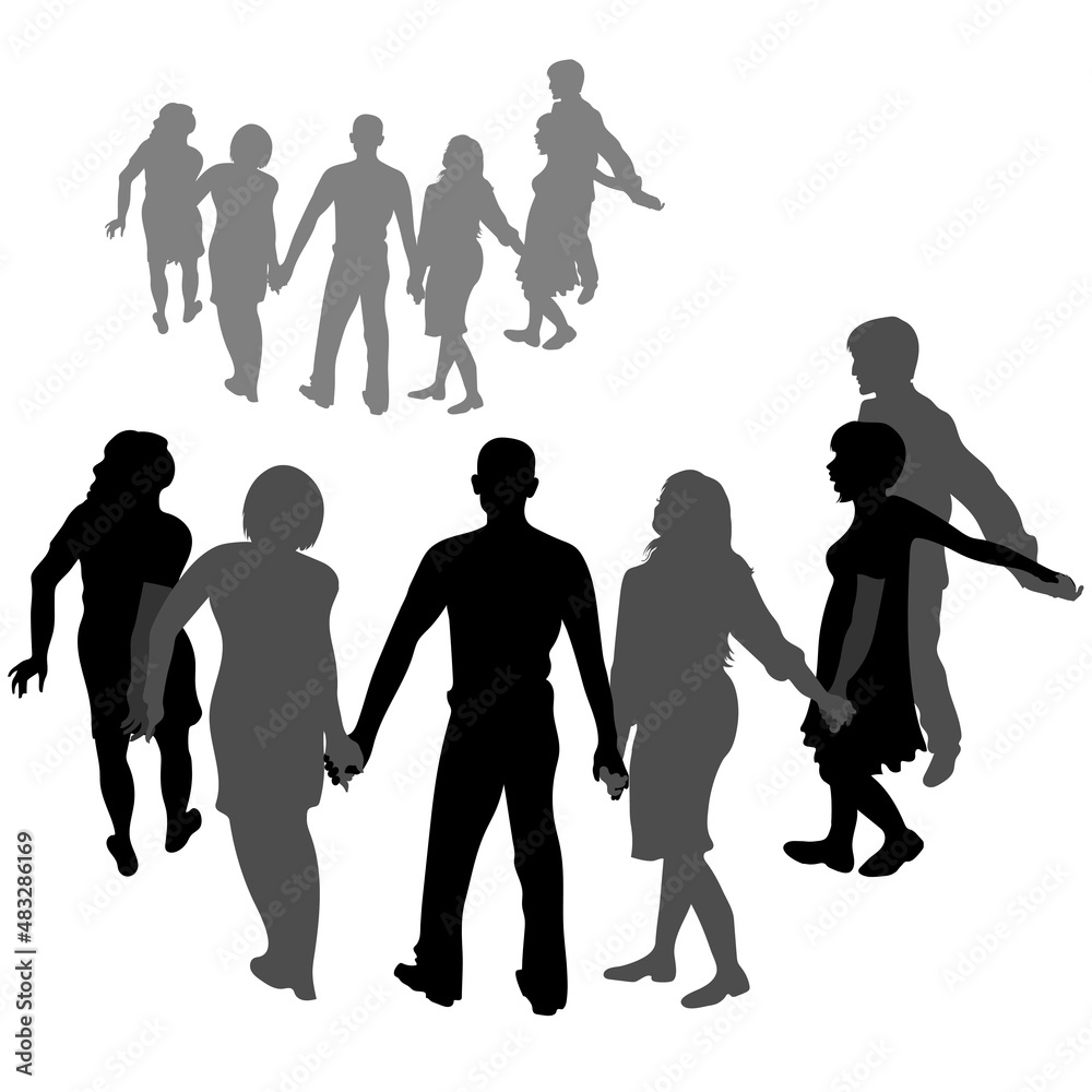 Vector silhouettes of people, 2 men and 4 women. People stand holding hands, view of the backs. Isolated on white background