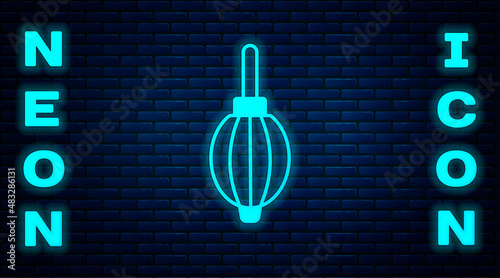 Glowing neon Dust blower icon isolated on brick wall background. Air duster. Lens cleaner. Camera sensor cleaning. Vector