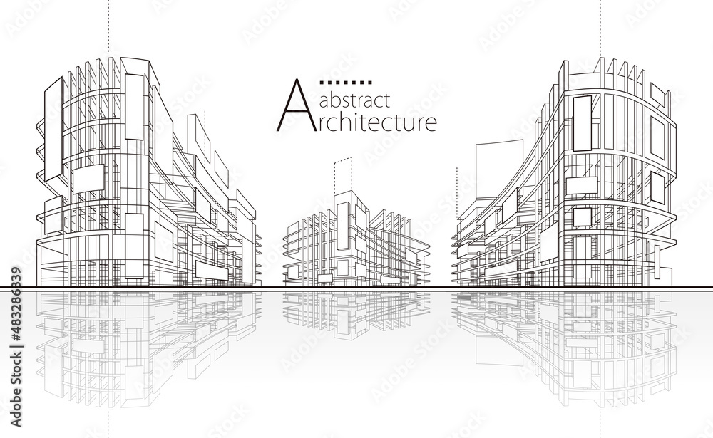 3D illustration linear drawing. Imagination architecture urban building design, architecture modern abstract background. 
