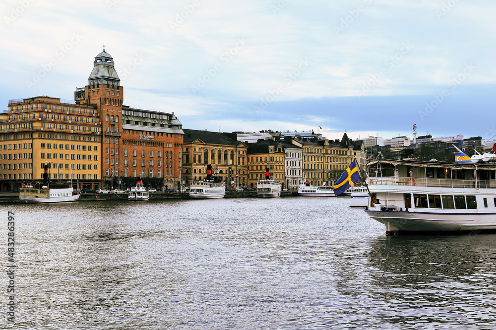 Stockholm Gamla Stan canal, boat and Stockholm harbor panorama, Stockholm, Sweden