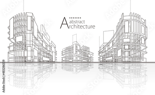 3D illustration linear drawing. Imagination architecture urban building design, architecture modern abstract background. 