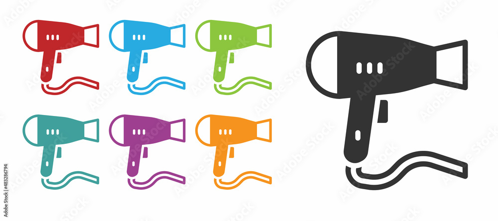 Black Hair dryer icon isolated on white background. Hairdryer sign. Hair drying symbol. Blowing hot air. Set icons colorful. Vector Black Hair dryer icon isolated on white background. Hairdryer sign. Hair drying symbol. Blowing hot air. Set icons colorful. Vector