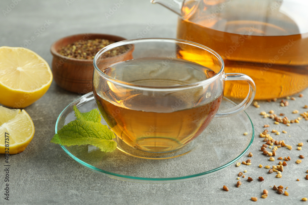 Concept of hot drink with buckwheat tea, close up Concept of hot drink with buckwheat tea, close up
