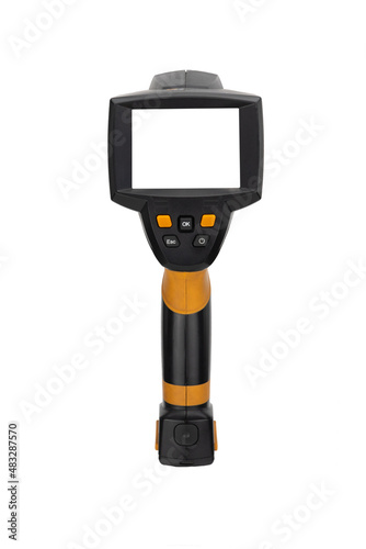thermal imager on a white background. device for monitoring the temperature distribution of the investigated surface. camera for non-contact measurement of body temperature in public places.