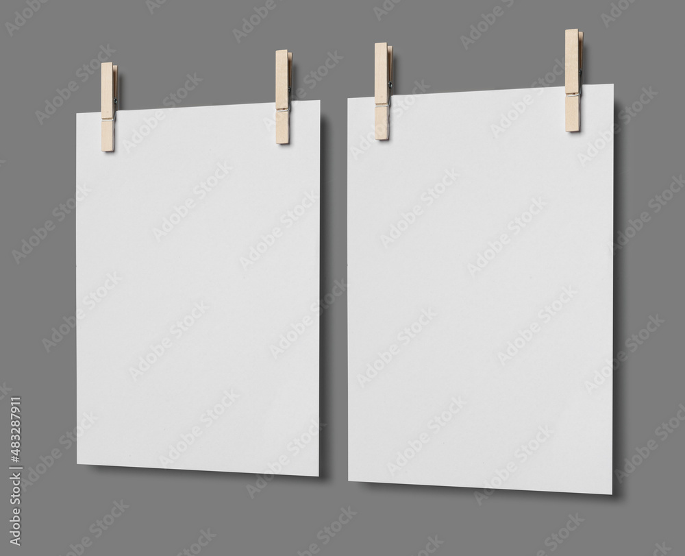 blank white poster hanging up, Mock-up poster and mockup template isolated on white background. blank white poster hanging up, Mock-up poster and mockup template isolated on white background.