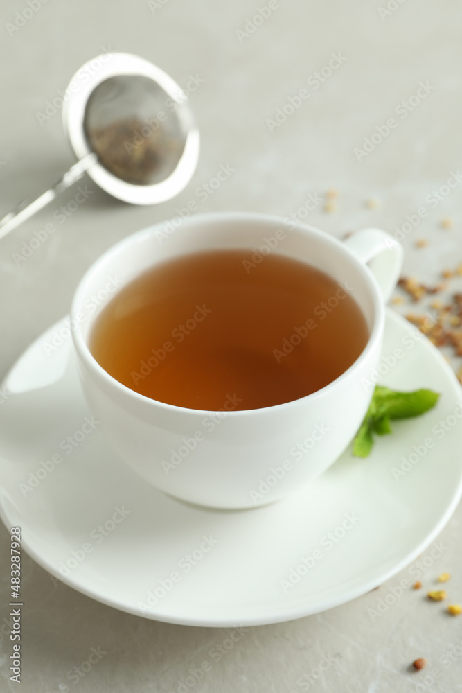 Concept of hot drink with buckwheat tea, close up Concept of hot drink with buckwheat tea, close up