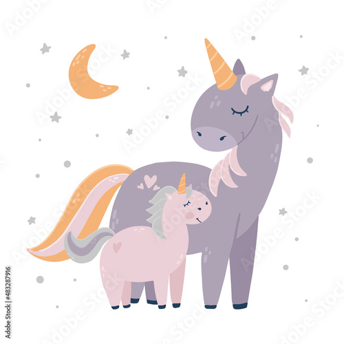 mother and baby unicorns decorated with moon ans stars on white background. Good for mother's day cards, baby shower and birthday decor, prints, nursery posters, kids apparel, stickers, etc. EPS 10