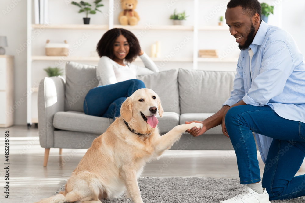 Smiling black man teaching dog to give paw