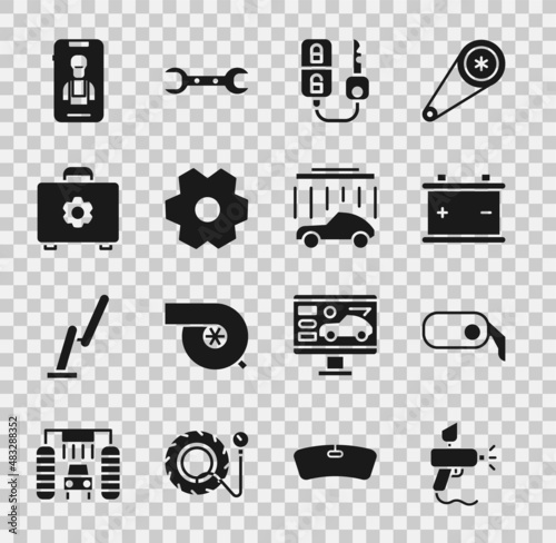 Set Paint spray gun, Car rearview mirror, battery, key with remote, Gear, Toolbox, Online car services and wash icon. Vector