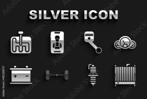 Set Chassis car, Speedometer, Car radiator cooling system, spark plug, battery, Engine piston, Gear shifter and Online services icon. Vector