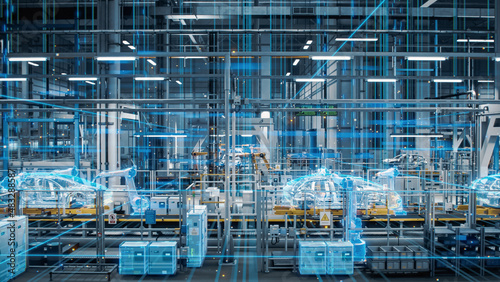 Wallpaper Mural Side-View Car Factory Digitalization: Automated Robot Arm Assembly Line Manufacturing High-Tech Sustainable Electric Vehicles. Futuristic AI Computer Vision Analyzing, Scanning Production Efficiency Torontodigital.ca