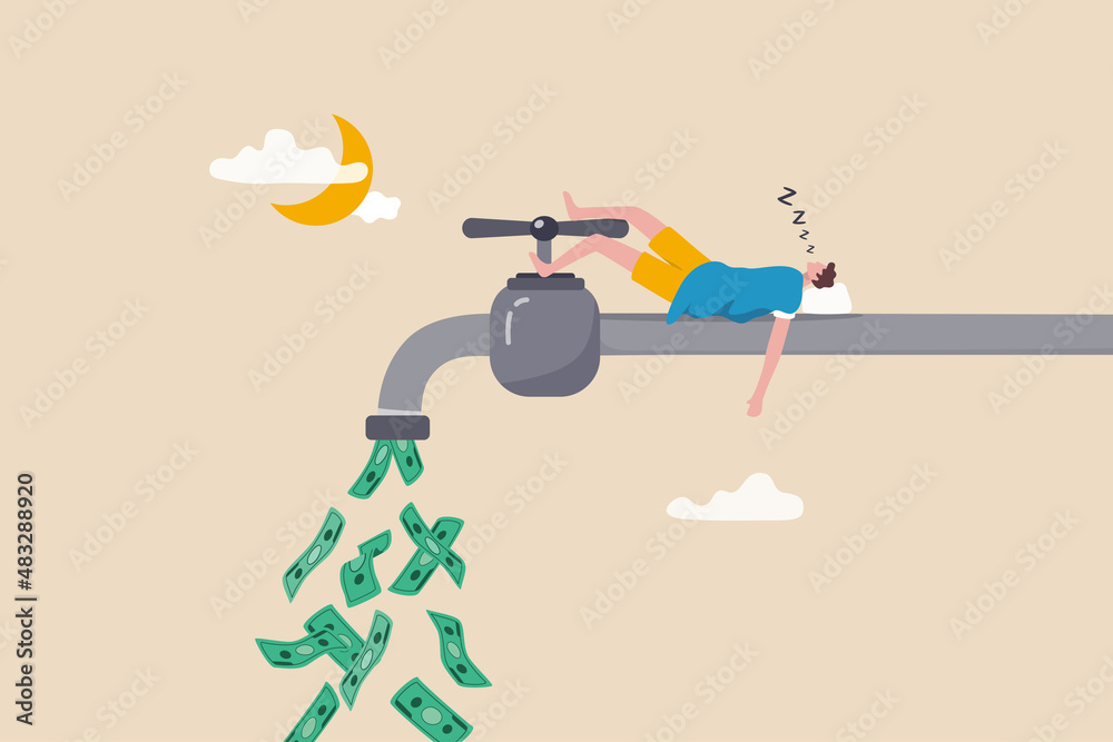 Make money while sleeping, passive income streams with side hustle, dividends, property rental or investment profit concept, rich young man sleeping at night on pipe faucet with money banknote flow. - obrazy, fototapety, plakaty 