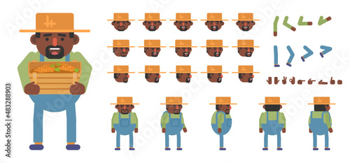 Creation kit of farmer, villager or gardener character. Modern vector illustration. Create your own pose, action, animation