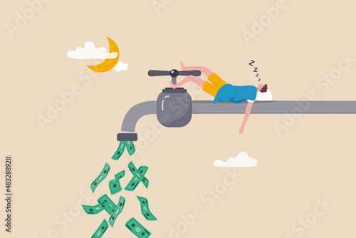 Make money while sleeping, passive income streams with side hustle, dividends, property rental or investment profit concept, rich young man sleeping at night on pipe faucet with money banknote flow.